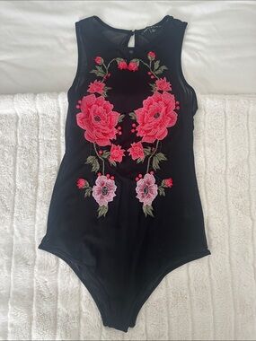 Black Girls' Floral Embroidered One-Piece Swimsuit